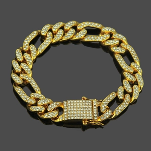 Iced out 12mm gold cuban link bracelet with sparkling rhinestones and butterfly buckle