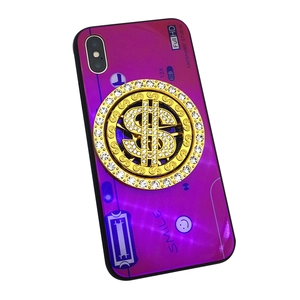 Purple hip hop phone case featuring spinning gold dollar sign and rhinestone accents