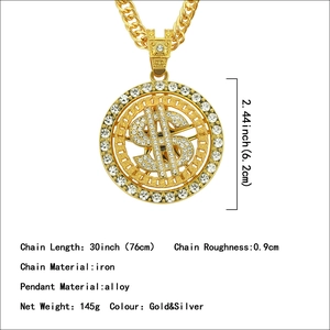 Collier hip hop avec pendentif rotatif dollar en or serti de strass et chaîne de 76 cm