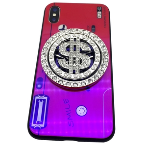 Gradient phone case for iPhone with rhinestone spinning dollar sign and camera design