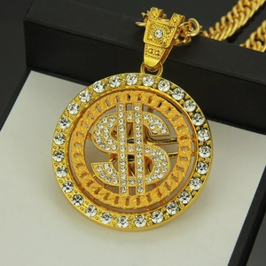 Collier hip hop avec pendentif signe dollar rotatif et chaîne cubaine dorée