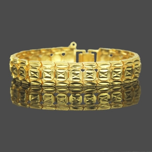 Hip-hop 14k gold plated watch-style bracelet with geometric diamond pattern and metal clasp