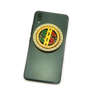 Support bague rotatif dollar pour téléphone en métal doré avec strass et motif grec