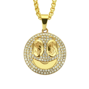 Collier Pendentif Visage Souriant Yeux Signe Dollar Hip Hop Plaqué Or Alliage de Zinc Fer Strass Pavé Bijoux Bling