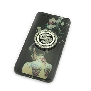 Coque noire avec support rotatif dollar en strass et motif floral avec papillon au dos