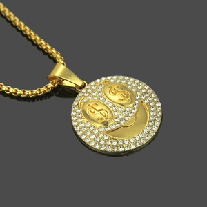 Collier hip hop avec pendentif visage souriant en or, yeux dollar et zircons blancs