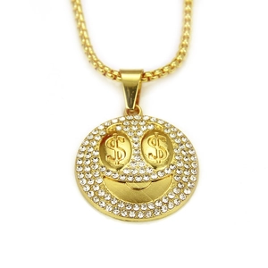 Collier hip hop doré avec pendentif smiley dollar serti de strass étincelants