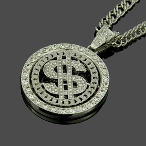 Collier hip hop avec pendentif dollar rotatif et cristaux sur une chaîne gourmette argenté