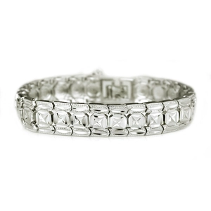 Chunky silver metal hip hop watch-style bracelet with geometric diamond pattern for men