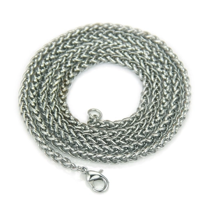 Men's silver wheat chain necklace in polished stainless steel with lobster clasp closure