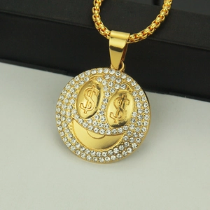 Collier hip hop doré avec pendentif visage souriant yeux dollar et strass brillants