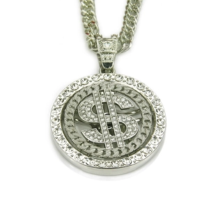 Collier hiphop avec pendentif signe dollar et cristaux sur chaîne cubaine argent