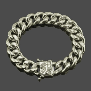 Bracelet cubain homme hip hop plaqué argent 18k avec strass brillants sertis