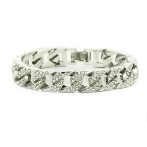 Silver iced out Cuban link bracelet for men with paved rhinestones on white background