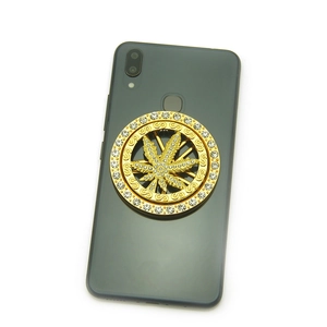Golden rotating maple leaf phone ring stand with sparkling crystal rhinestones