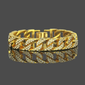 Bracelet Cuban Link pour homme plaqué or 18k serti de cristaux brillants style hip hop
