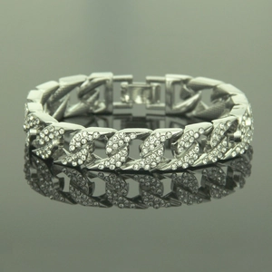 Men's hip hop silver iced out Cuban link bracelet with sparkling rhinestones in 18k gold plating