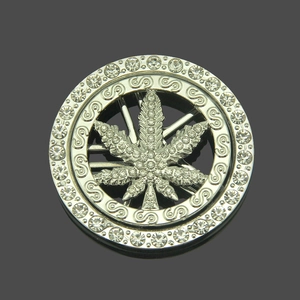 Rotating hip hop maple leaf pendant with sparkling white rhinestones and silver S-scrolls