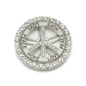 Pendentif symbole de paix argenté avec strass et gravures Love, Peace, Hope