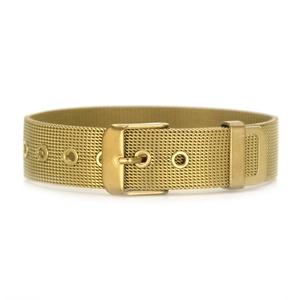 Detail of golden woven mesh strap with adjustable metal buckle and textured finish