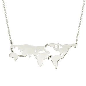 Detailed view of the silver stainless steel world map pendant with segmented map design