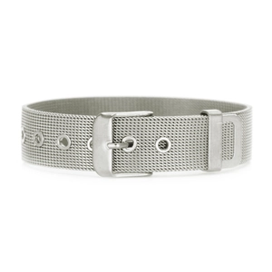 Detail of silver mesh bracelet with adjustable buckle and steel weave texture