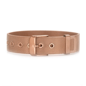 Adjustable rose gold mesh bracelet with buckle and belt-style strap design