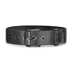 Detail of black mesh stainless steel bracelet with adjustable pin buckle and loops