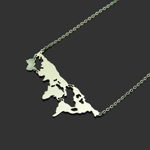Polished stainless steel world map necklace with split pendant on a sleek silver chain