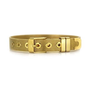 Detail of adjustable gold mesh bracelet with buckle closure and watch band style design