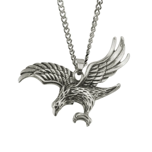 Gros plan détaillé du pendentif aigle argenté rétro avec gravures de plumes texturées