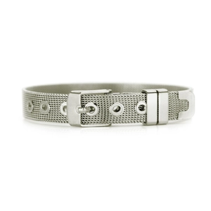 Adjustable silver mesh watch band bracelet with a classic belt buckle closure