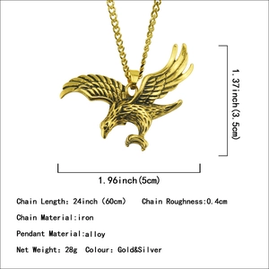 Détail du pendentif aigle montrant les dimensions 5x3,5 cm et la chaîne en fer de 60 cm