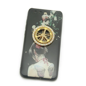 Coque noire avec portrait floral et support de bague Peace Love Hope doré serti