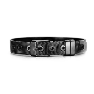 Minimalist black metal mesh woven bracelet with adjustable buckle on white background
