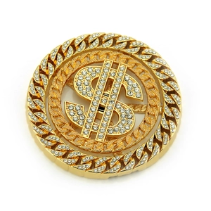 Détail du pendentif dollar hip-hop doré orné de strass brillants et gravures