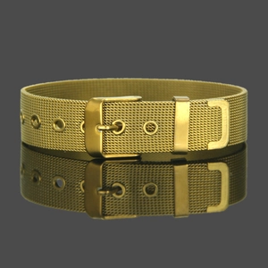 Minimalist golden mesh bracelet with adjustable buckle shown on a reflective surface