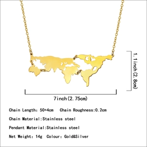 Hip hop world map pendant necklace in gold and silver stainless steel with adjustable chain