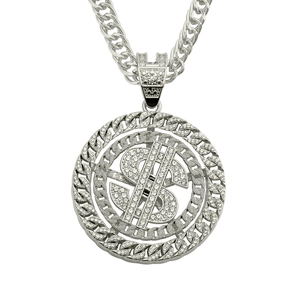 Detailed close-up of iced-out dollar sign pendant with sparkling pavé crystals and Cuban chain