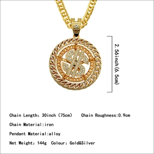 18K gold plated hip hop men necklace with large iced out crystal dollar sign pendant