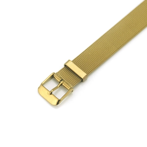 Macro detail of adjustable gold mesh watch band with classic metal buckle and fine texture