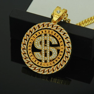 18K gold plated hip hop dollar sign pendant necklace with crystals on cuban chain