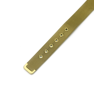 Detail of Milanese mesh gold watch band showing precision adjustment holes and metal finish