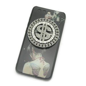 Iced out dollar sign spinning phone socket with silver crystals on black case