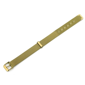 Detail of golden mesh watch band with Milanese weave and adjustable buckle closure