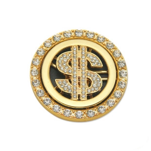Detailed view of rotating dollar sign charm with sparkling crystals in gold plating