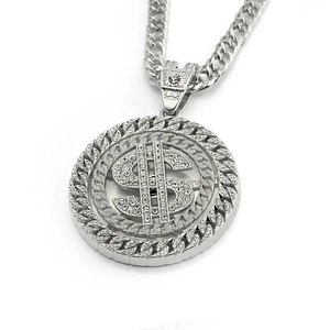 Iced out silver dollar sign pendant necklace with cuban link chain for men