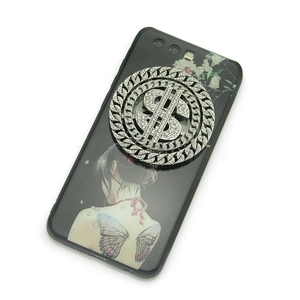 Support téléphone rotatif signe dollar serti de cristaux sur coque noire