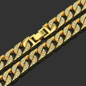 Collier gourmette dorée style hip hop pour homme avec cristaux étincelants