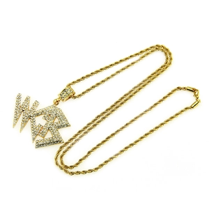 Collier hip hop doré avec chaîne de corde et pendentif lettre WKR glacé pour hommes